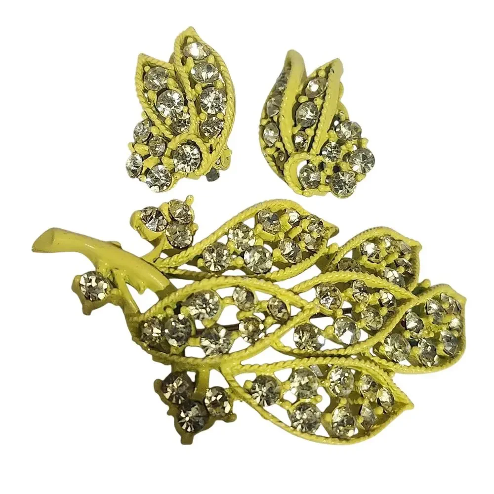 Vtg 1960s Mod Yellow Rhinestone Rope Filigree Leaf Brooch Earrings Parure Set